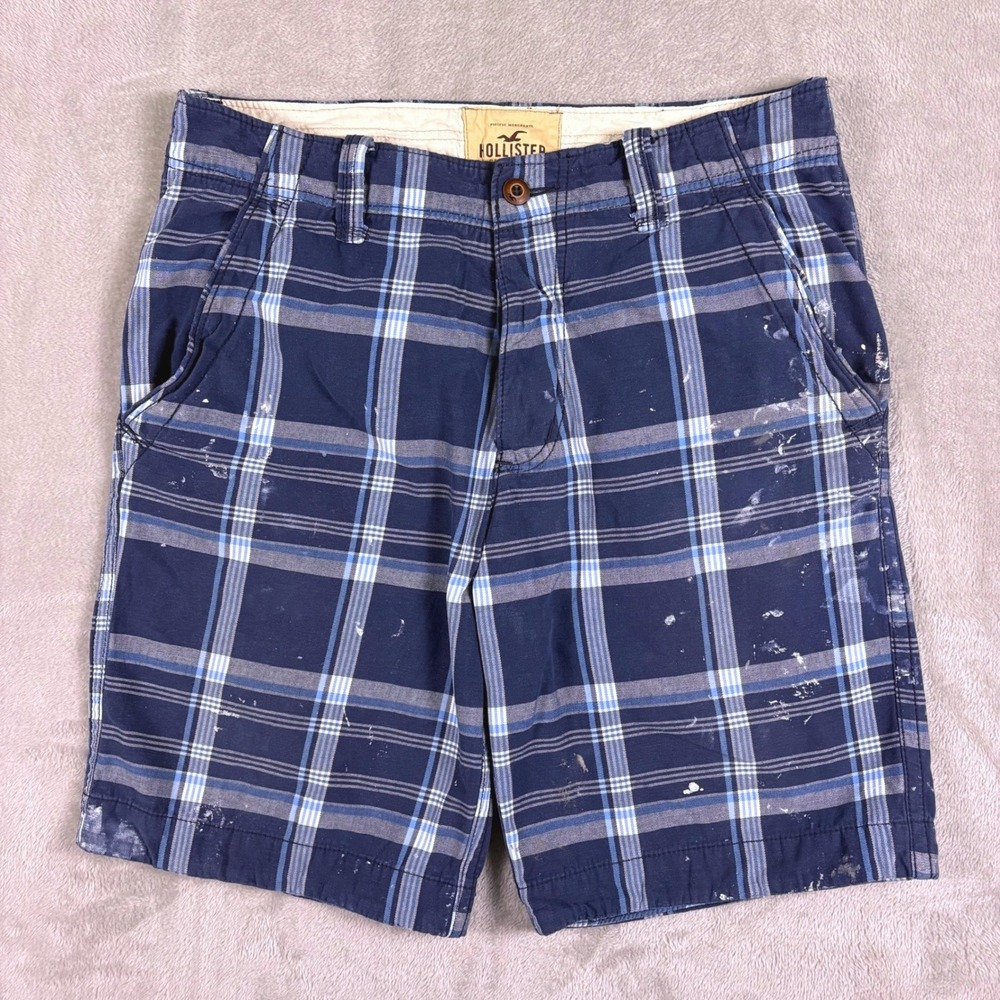 Hollister California Men's Plaid Shorts 33‎ W36 Blue Button Fly Paint Splatter